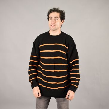 Sweater Hombre Algodón Negro Líneas Naranja M